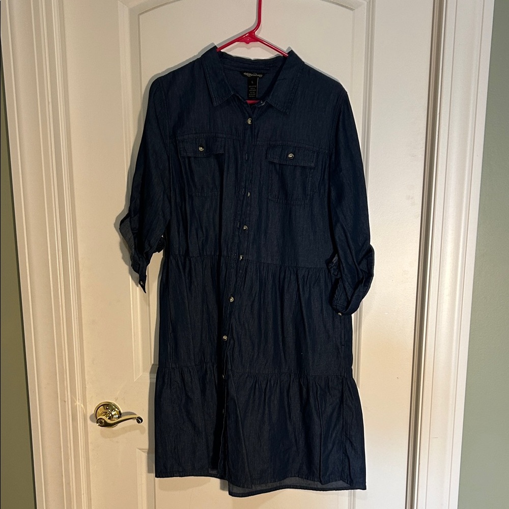Dark Blue Denim Shirt Midi Dress - Casual Button-Front